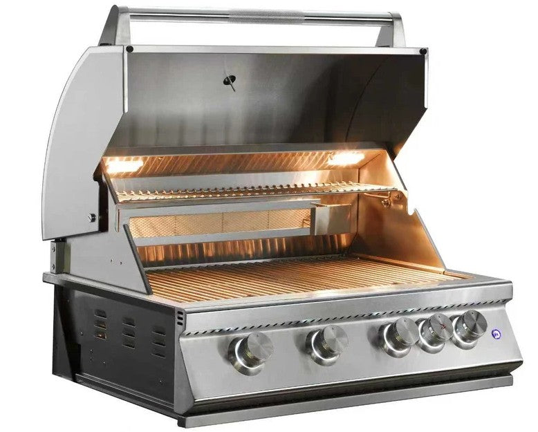 A stainless steel outdoor gas grill with its lid open, showing the lit interior grates and warming light. The grill has five control knobs on the front panel and is photographed against a plain white background.