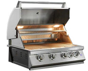 A stainless steel outdoor gas grill with its lid open, showing the lit interior grates and warming light. The grill has five control knobs on the front panel and is photographed against a plain white background.