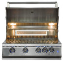 A stainless steel outdoor gas grill with its lid open, showing the interior grates, two built-in light bulbs, and five control knobs on the front with blue flame indicators.
