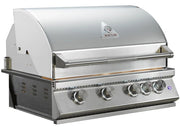 A stainless steel outdoor gas grill with a curved lid, five control knobs on the front, and a visible WHISTLER logo badge on the lid.