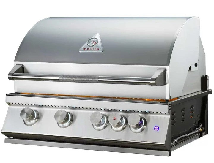 A stainless steel outdoor gas grill with a curved lid, five control knobs on the front, and a visible Westler logo badge on the lid.
