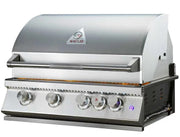 A stainless steel outdoor gas grill with a curved lid, five control knobs on the front, and a visible Westler logo badge on the lid.