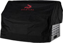 A black Whistler grill cover with a red logo and brand name printed on the top, shown fitted over a grill 