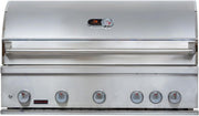 A stainless steel outdoor gas grill with a closed lid, featuring a temperature gauge on top and six control knobs on the front panel.