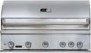 A stainless steel outdoor gas grill with a closed lid, featuring a temperature gauge on top and six control knobs on the front panel.