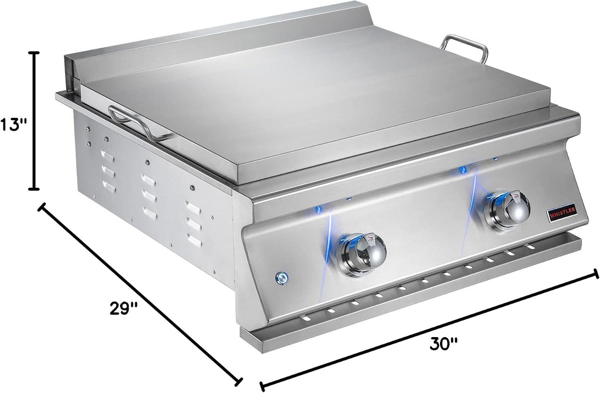 A stainless steel outdoor Built-In 28" 2 Burner Griddle with dimension lines showing 13 inches height, 29 inches width, and 30 inches depth
