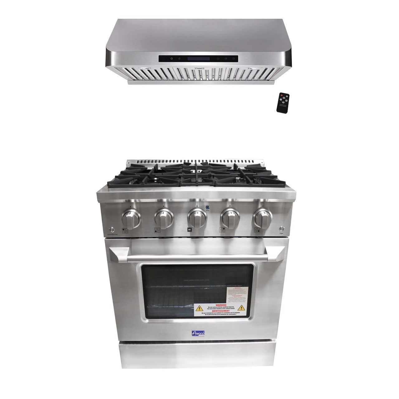 Combo Awoco 30” Freestanding 4 Burners Range with 30'' RH-S10-30E Under Cabinet Range Hood