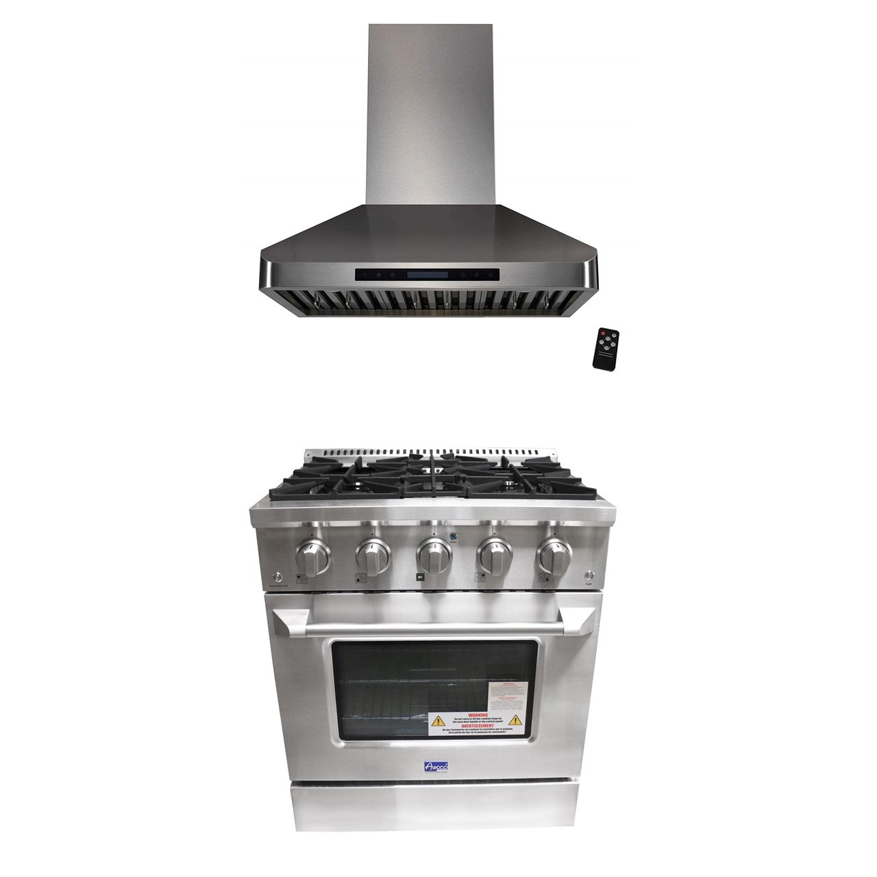 Combo Awoco 30” Freestanding 4 Burners Range with 30'' RH-WT-30 Wall Mount Range Hood