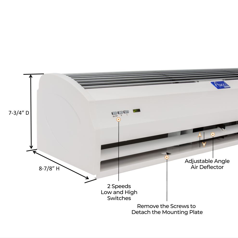 Awoco FM12 Slimline 2 Speeds Air Curtain, CE Certified, 120V Unheated with an Easy-Install Magnetic Switch