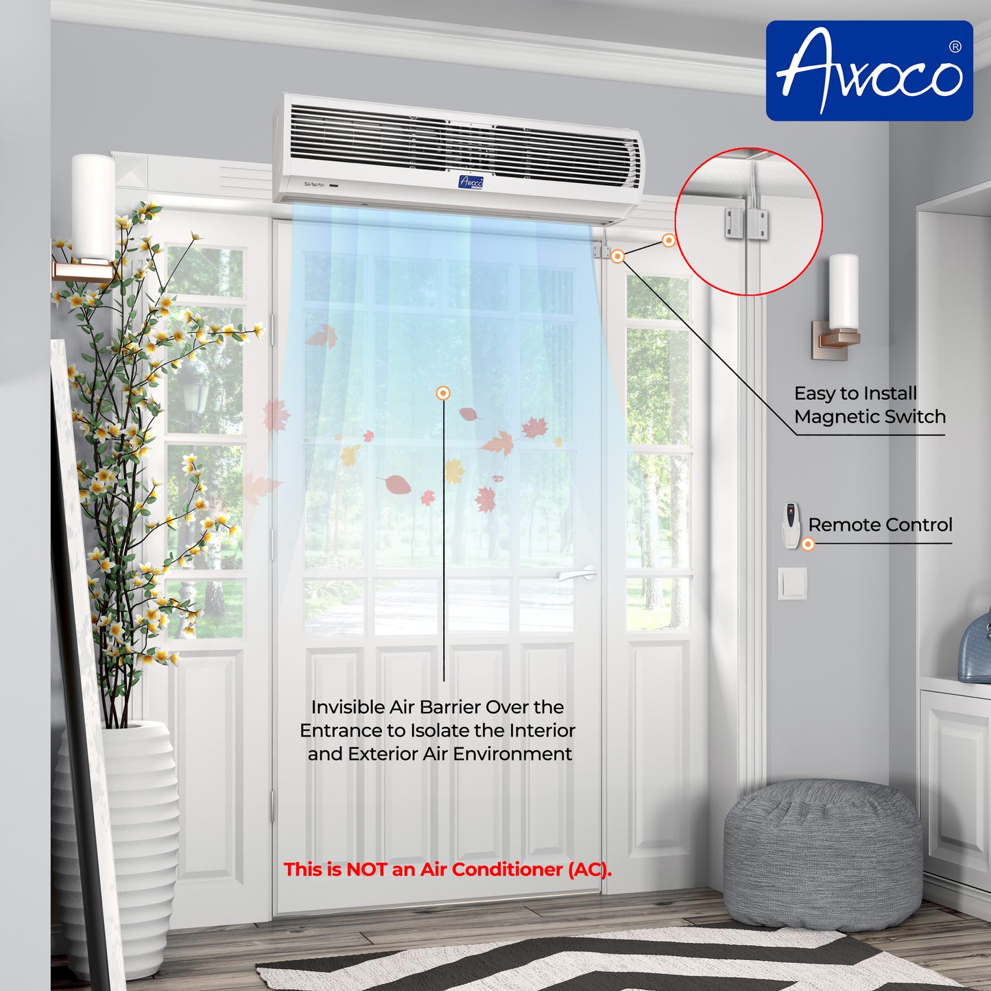 Awoco FM12 Slimline 2 Speeds Air Curtain, CE Certified, 120V Unheated with an Easy-Install Magnetic Switch