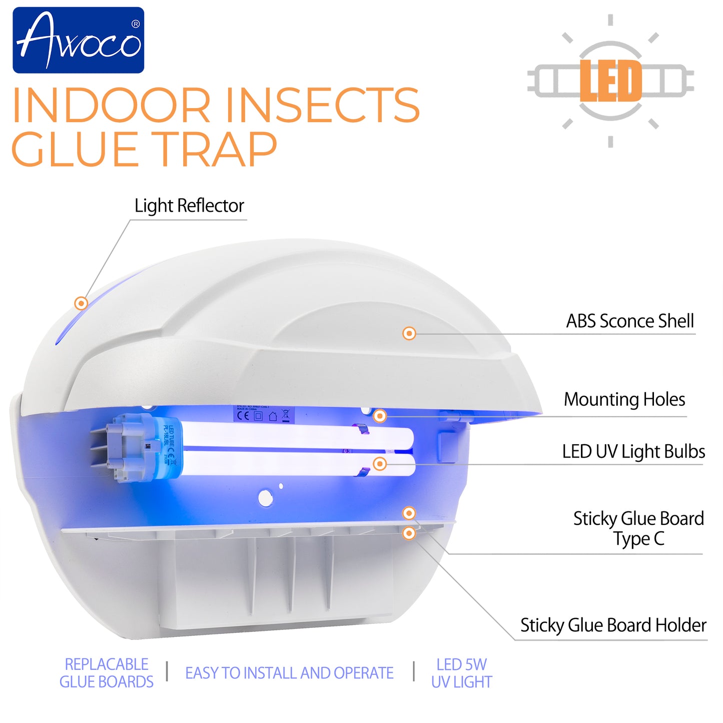 Awoco FT-1C18-LED 5W 100V-240V Wall Mount Sconce Sticky Fly Trap Lamp