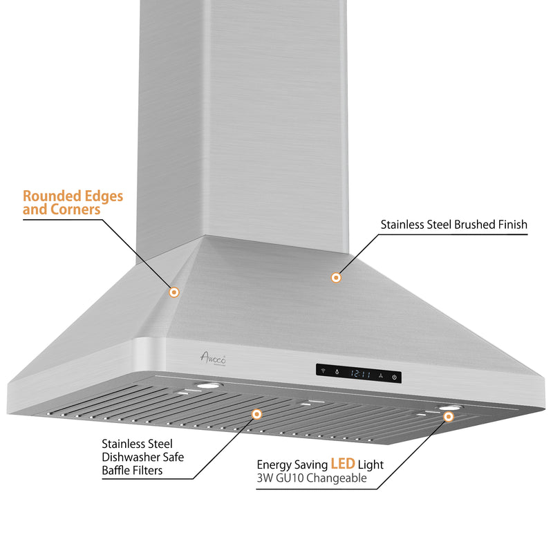 Awoco RH-WT-C Wall Mount Stainless Steel Range Hood, 3 Speeds, 6” Round Top Vent, 800CFM, 2 LED Lights, with Remote Control