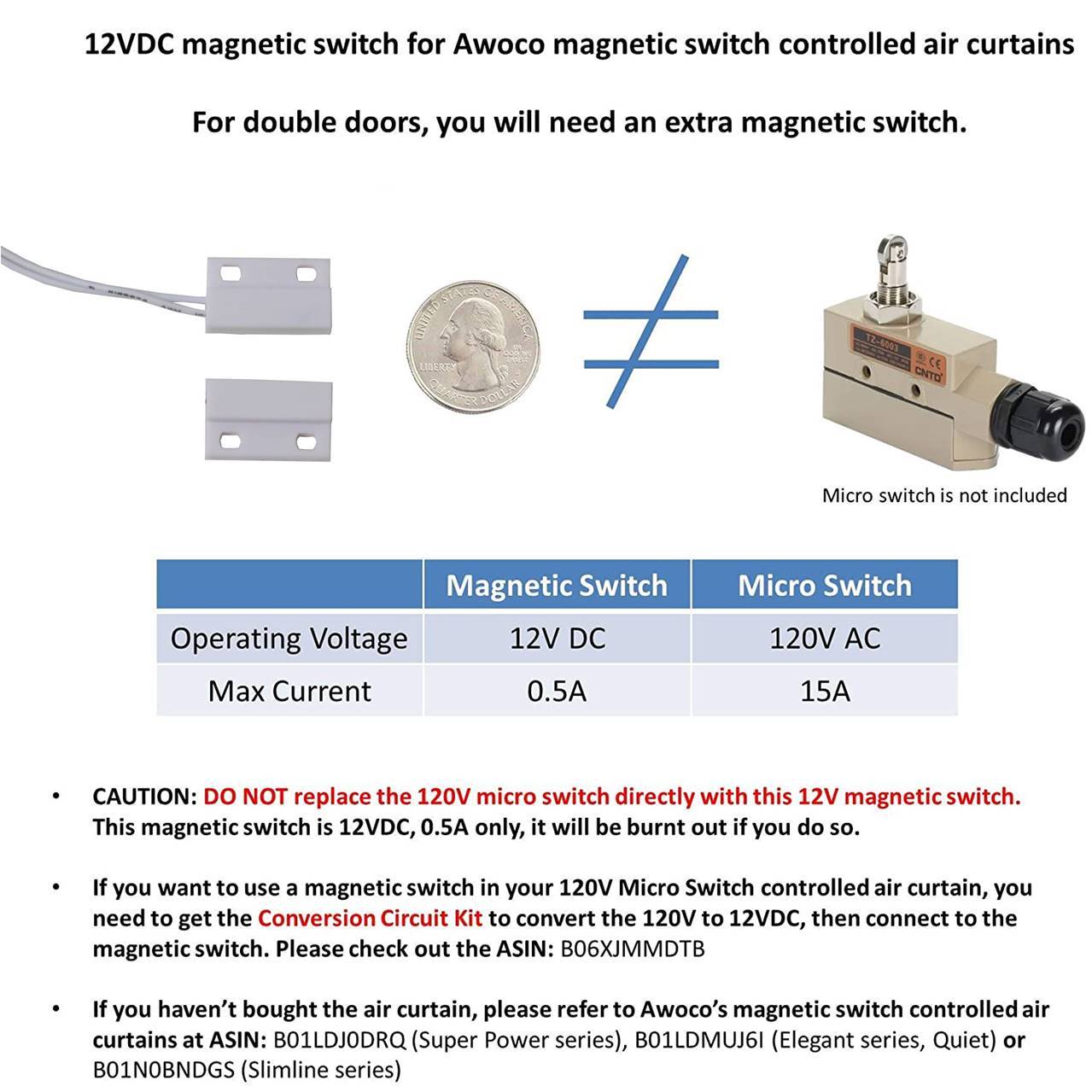 Awoco 12VDC Easy-Install Magnetic Switch for Awoco Magnetic Switch Controlled Air Curtains (Magnetic Switch)