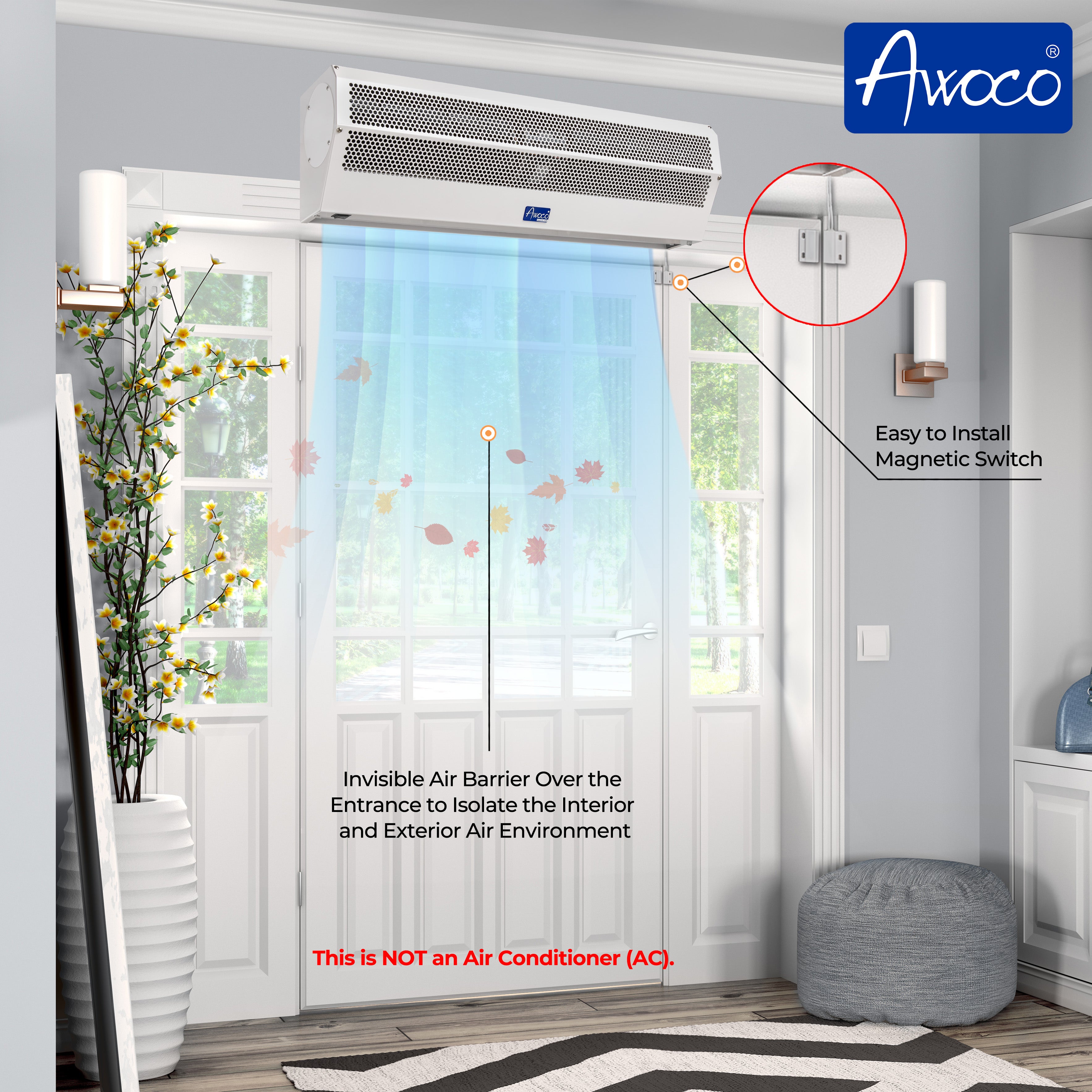 Invisible air barrier over the entrance to isolate the interior and exterior air environment