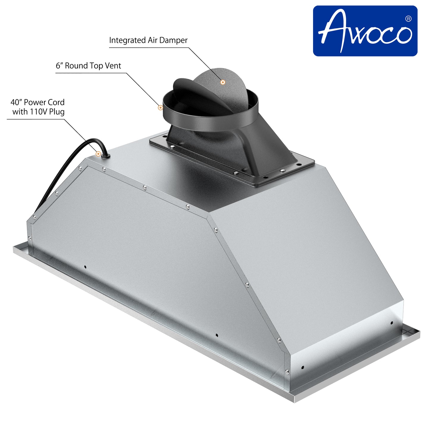 40" power cord with 110V plug, 6" round top vent