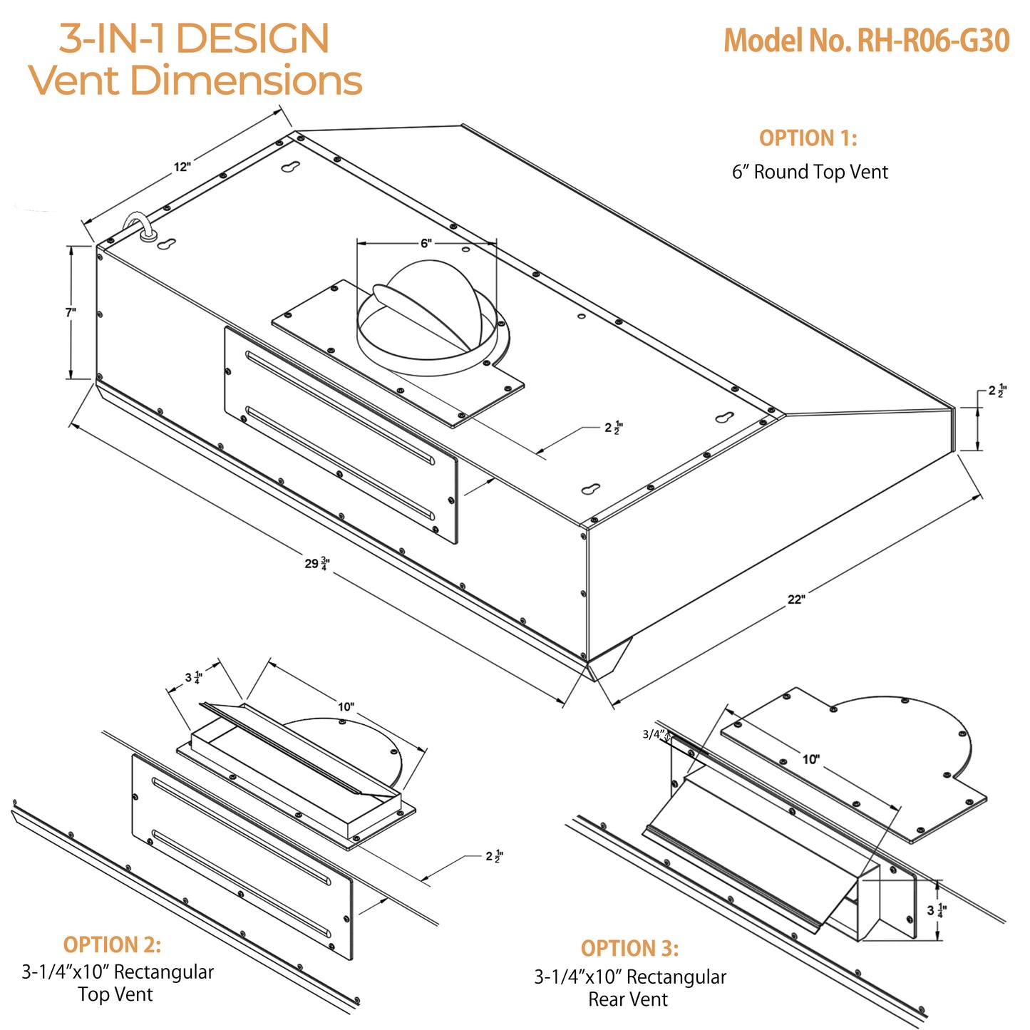 RH-R06-G30 Under Cabinet Range Hood 3 types of vent dimensions
