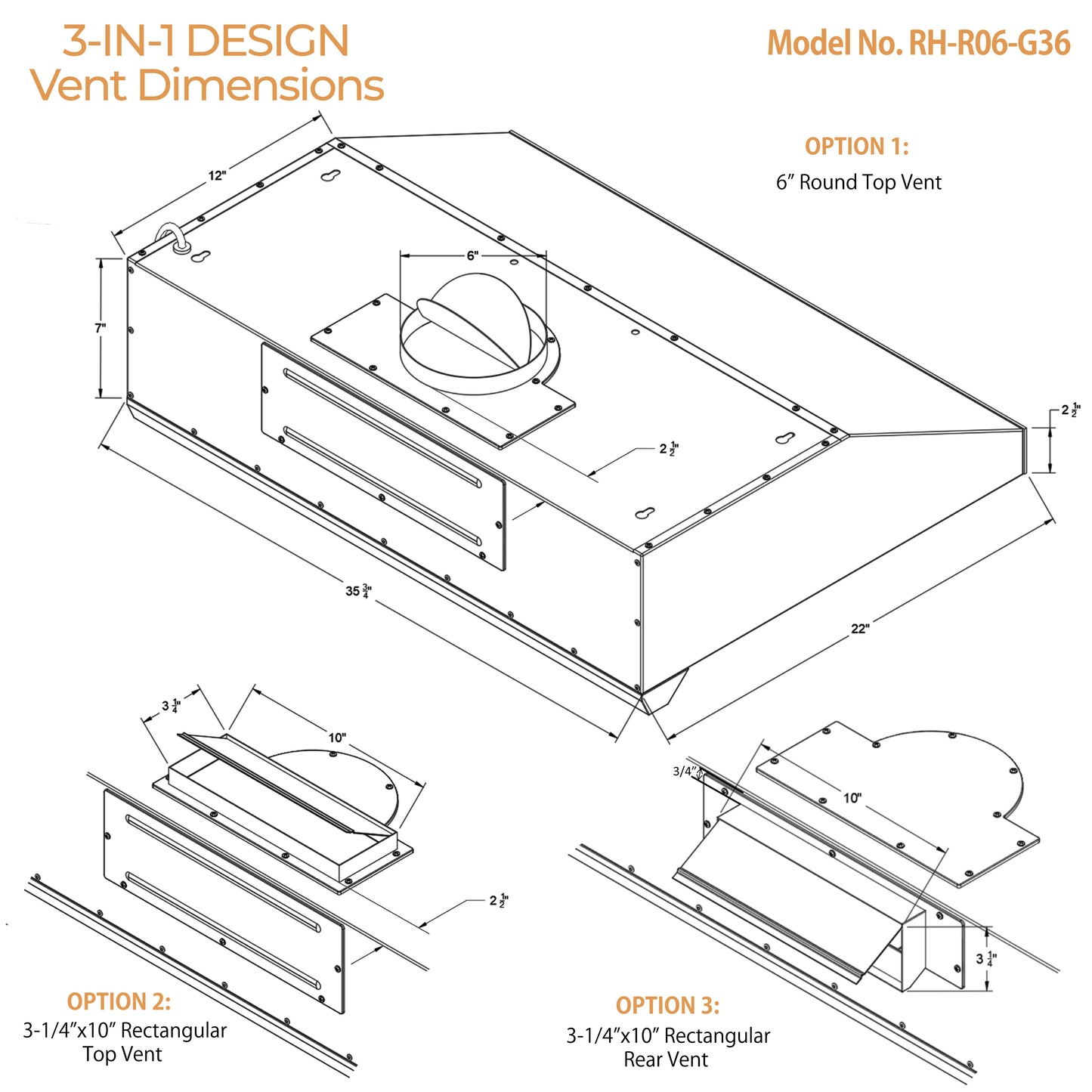 RH-R06-G36 Under Cabinet Range Hood 3 types of vent dimensions