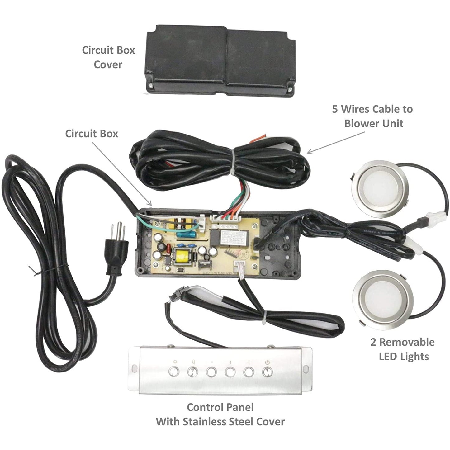 Circuit box, 5 wires cable to blower unit, 2 removable LED lights, and control panel 