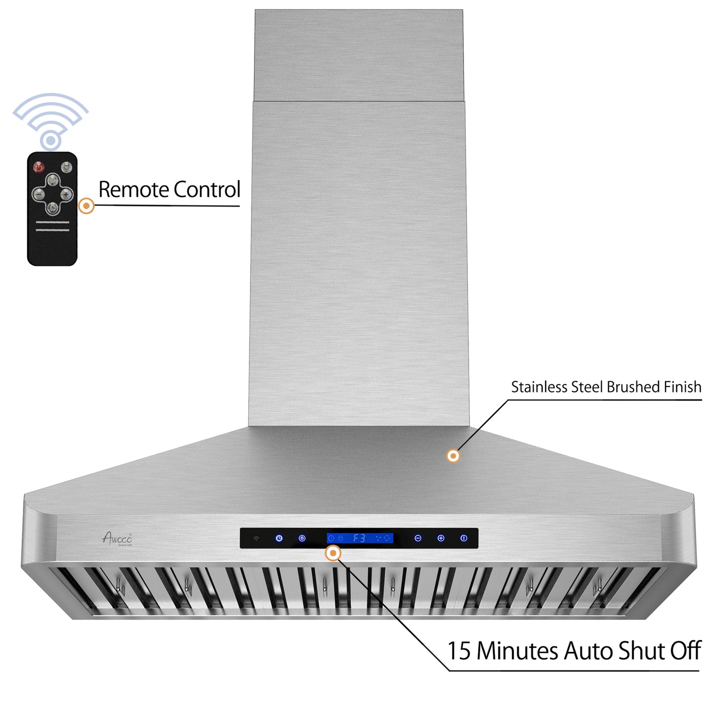 15 minutes auto shut off, remote control, stainless steel brushed finish