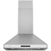 A wall-mounted stainless steel range hood 