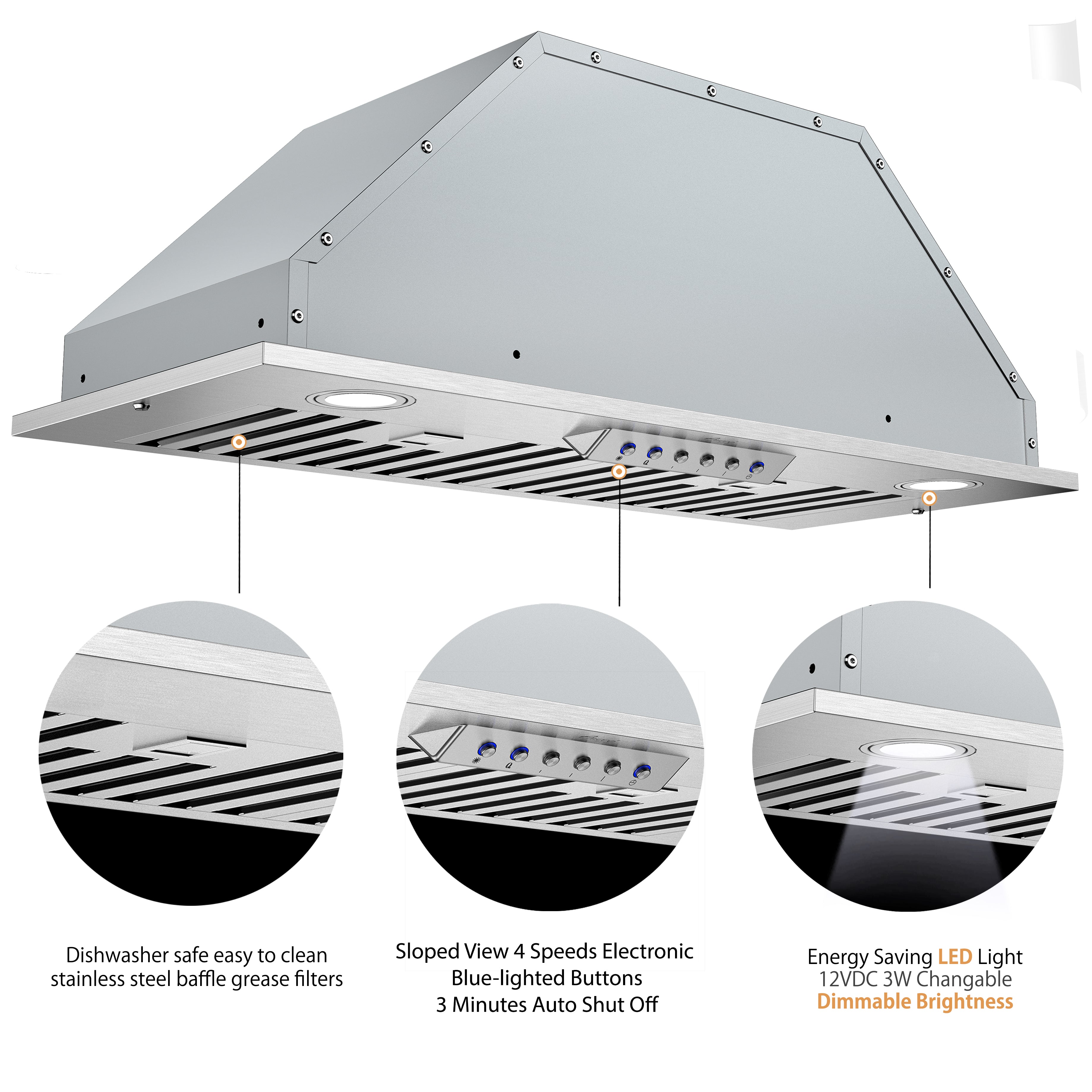 Awoco RH-BQ-DTLS Ductless 11-3/4"D Built-in Insert Stainless Steel Range Hood for Wood Hoods, 4 Speeds, 6” Round Top Vent, 600CFM, LED Lights