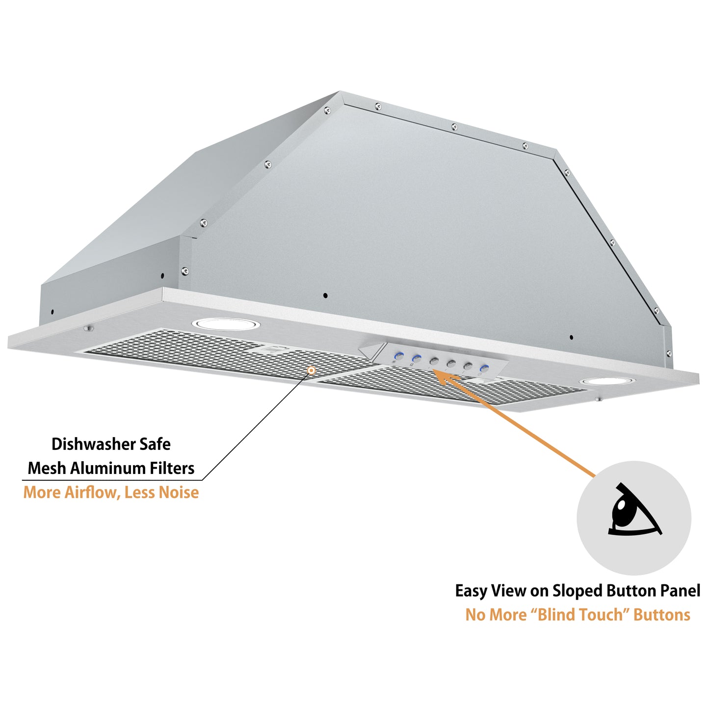 Awoco RH-BQ-MESH 11-3/4"D Built-in Insert Stainless Steel Range Hood for Wood Hoods, 4 Speeds, 6” Round Top Vent, 600CFM, LED Lights & Mesh Filters