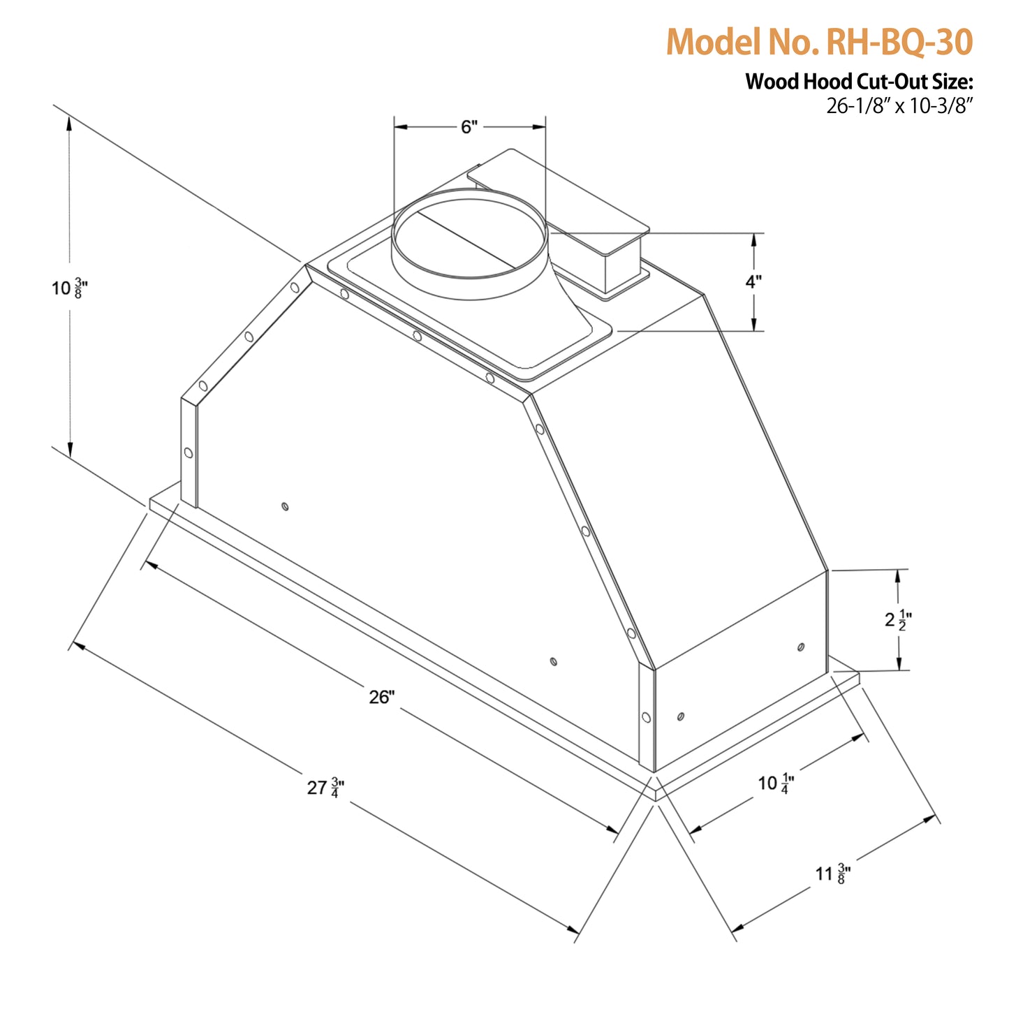 Awoco RH-BQ-MESH 11-3/4"D Built-in Insert Stainless Steel Range Hood for Wood Hoods, 4 Speeds, 6” Round Top Vent, 600CFM, LED Lights & Mesh Filters