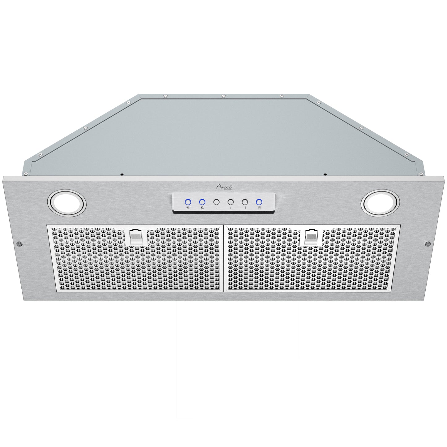 Awoco RH-BQ-MESH 11-3/4"D Built-in Insert Stainless Steel Range Hood for Wood Hoods, 4 Speeds, 6” Round Top Vent, 600CFM, LED Lights & Mesh Filters