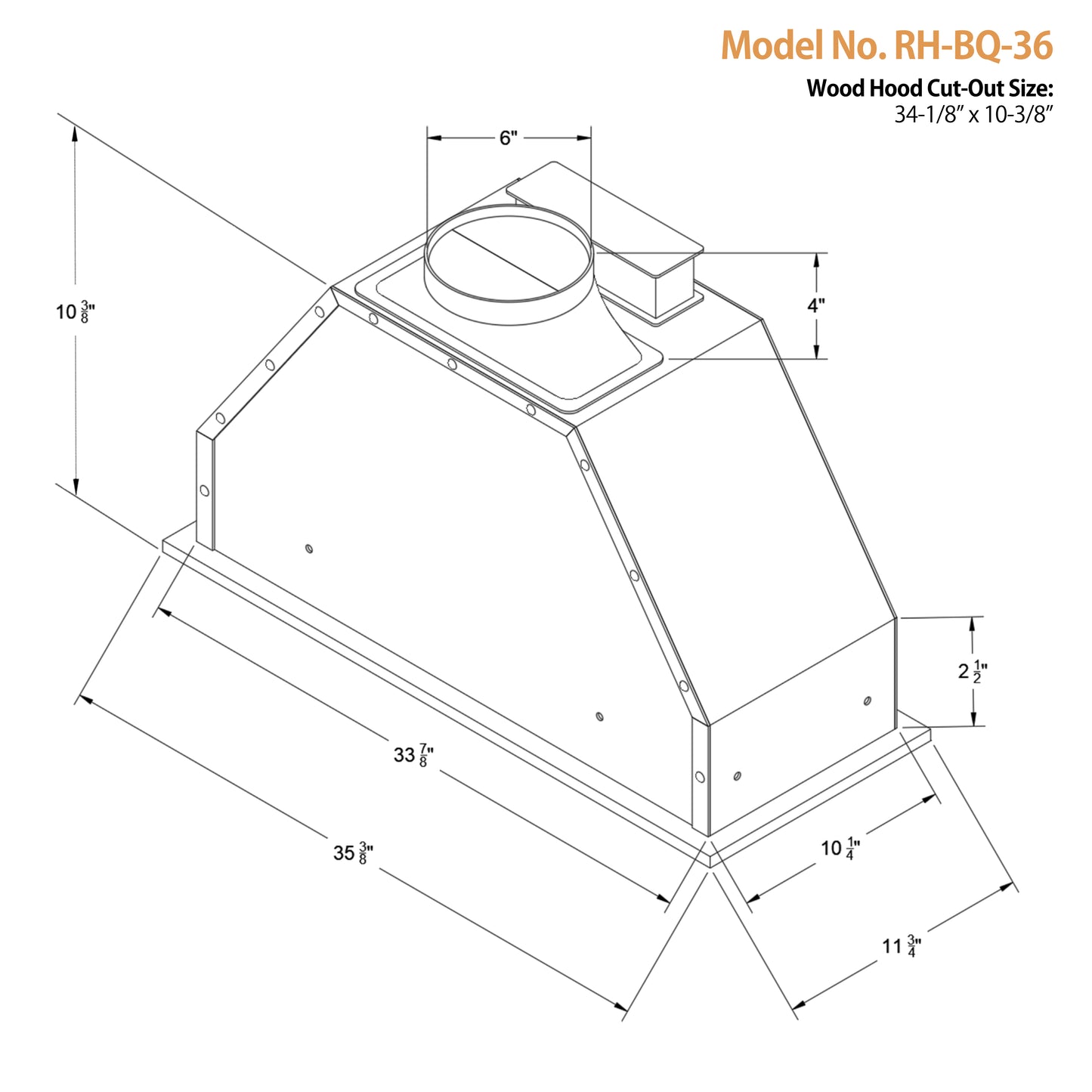 Awoco RH-BQ-MESH 11-3/4"D Built-in Insert Stainless Steel Range Hood for Wood Hoods, 4 Speeds, 6” Round Top Vent, 600CFM, LED Lights & Mesh Filters