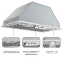 Awoco RH-BQ-M 14-1/2”D Built-in/Insert Stainless Steel Range Hood, 4-Speed, 650 CFM, LED Lights, Baffle Filters for Wood Hood