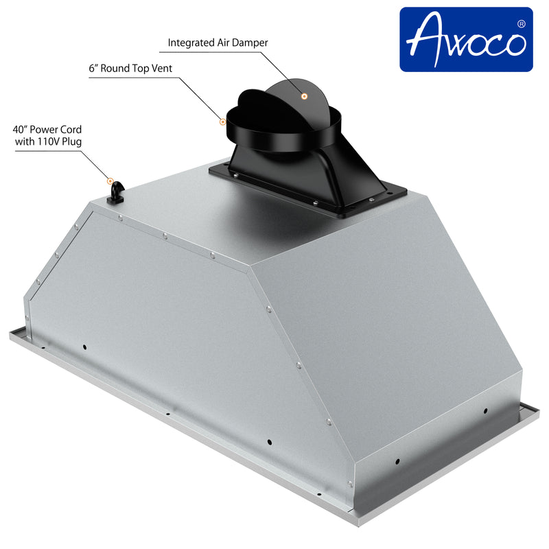 Awoco RH-BQ-M 14-1/2”D Built-in/Insert Stainless Steel Range Hood, 4-Speed, 650 CFM, LED Lights, Baffle Filters for Wood Hood