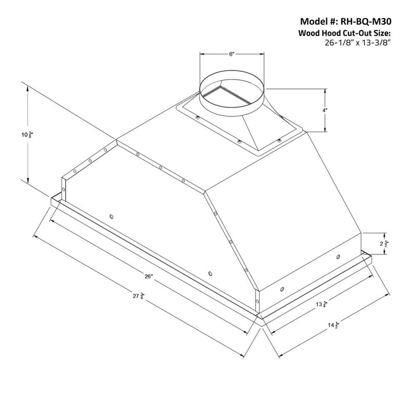 Awoco RH-BQ-M 14-1/2”D Built-in/Insert Stainless Steel Range Hood, 4-Speed, 650 CFM, LED Lights, Baffle Filters for Wood Hood