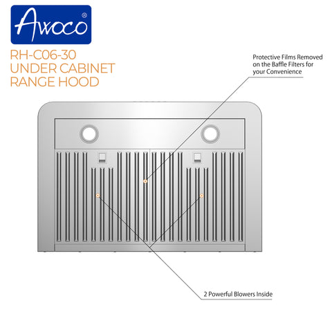 Awoco RH-C06 Under Cabinet Classic 6” High Stainless Steel Range Hood, 4 Speeds, 6" Round Top, 900CFM w/ LED Lights