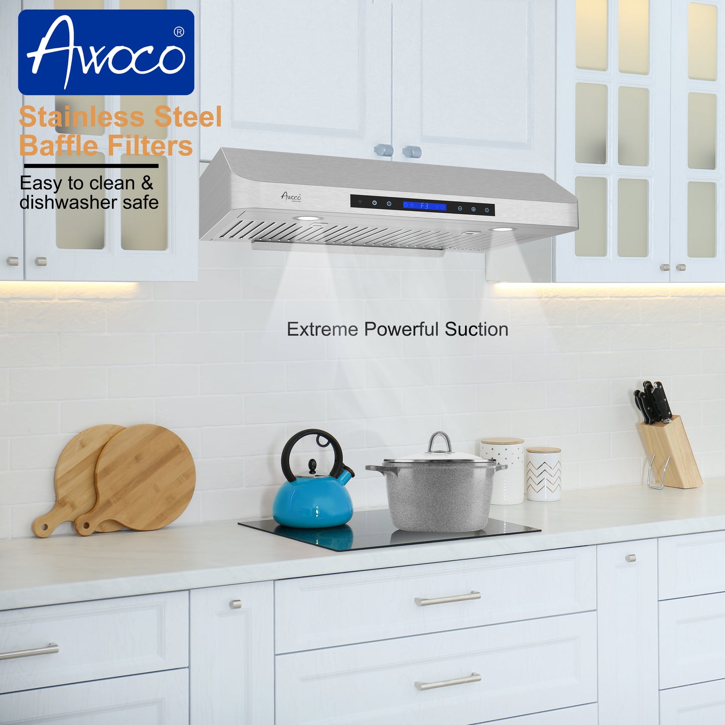 Awoco RH-C06-A Under Cabinet All-In-One Stainless Steel Range Hood, 4 Speeds, 900 CFM with Remote Control W/ LED Lights & 2 Levels of Lighting