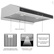 Awoco RH-R06-G Stainless Steel Under Cabinet 6 Speeds 900 CFM Range Hood with Tempered Glass Touch Panel, LED Lights, Baffle Filters and Oil Collector, 7" High