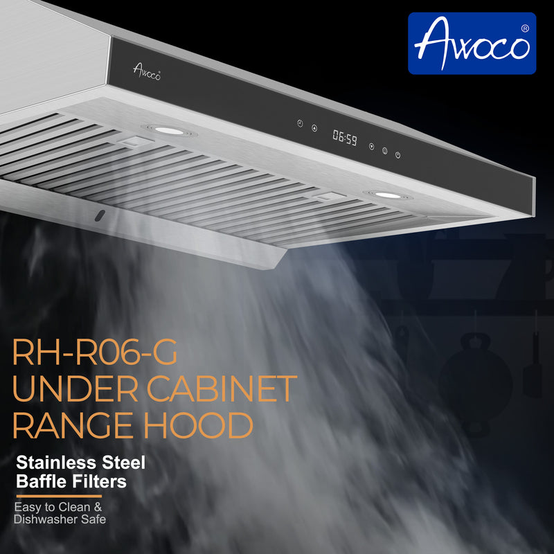 Awoco RH-R06-36 Rectangle Vent 6 High Stainless Steel Under Cabinet 4 Speeds 900CFM Range Hood with LED Lights (36W Rectangle Vent)