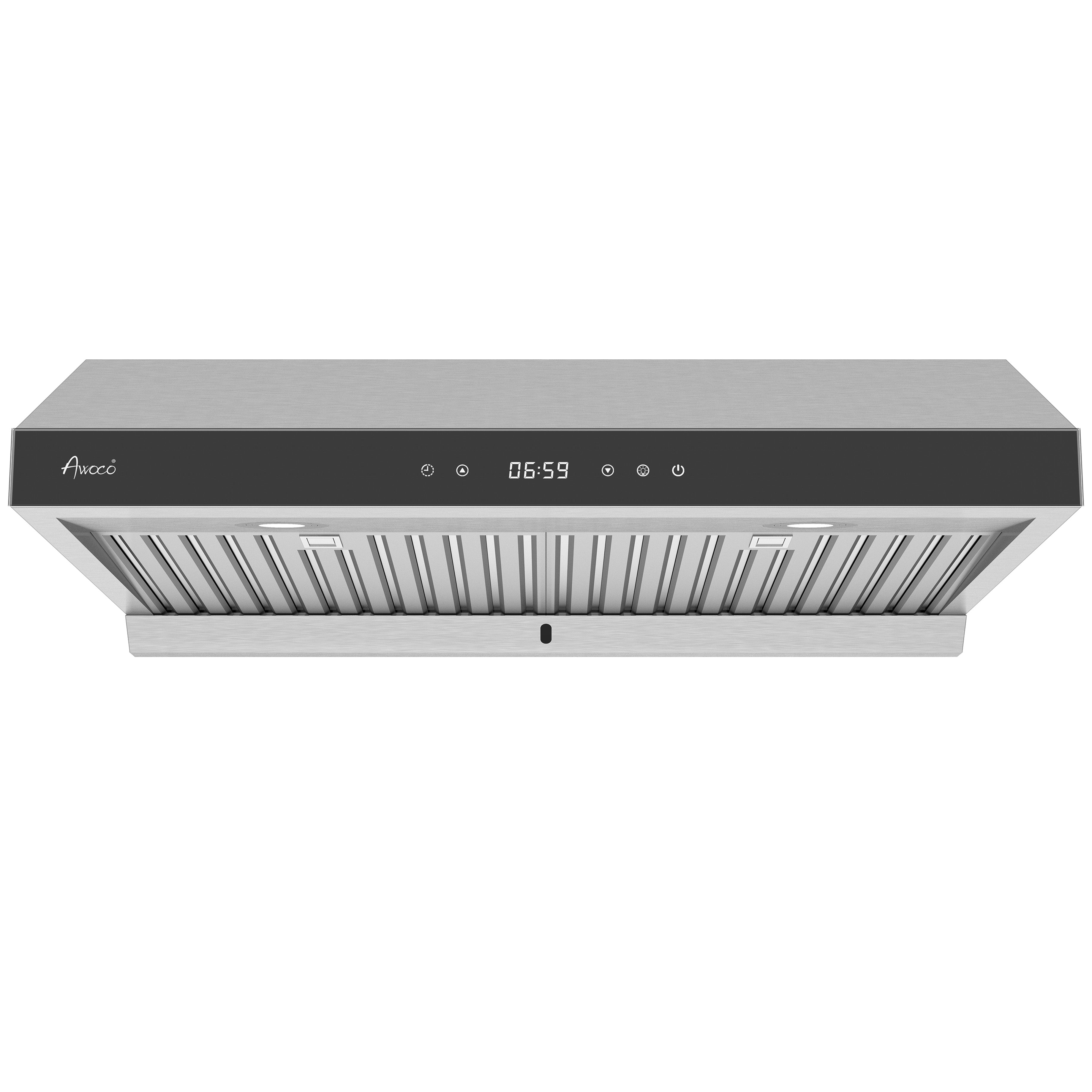 Awoco RH-R06-G Stainless Steel Under Cabinet 6 Speeds 900 CFM Range Hood with Tempered Glass Touch Panel, LED Lights, Baffle Filters and Oil Collector, 7" High