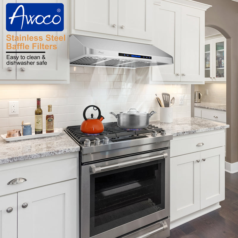 Awoco RH-S10-E Under Cabinet Supreme 10” High Stainless Steel Range Hood, 4 Speeds, 8” Round Top Vent, 1000CFM, with Remote Control