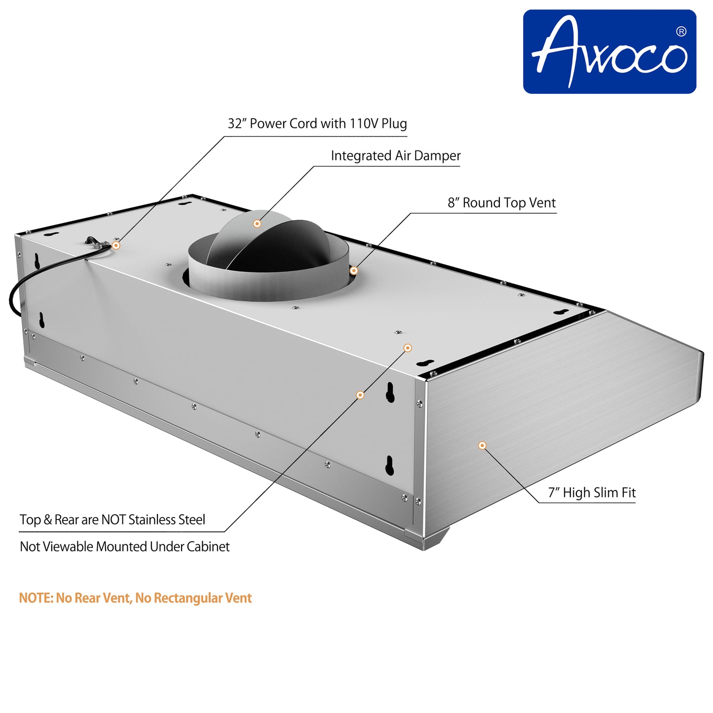 Awoco RH-S10-S Under Cabinet Supreme 7” High Stainless Steel Range Hood, 4 Speeds, 8” Round Top Vent, 1000CFM, with Remote Control