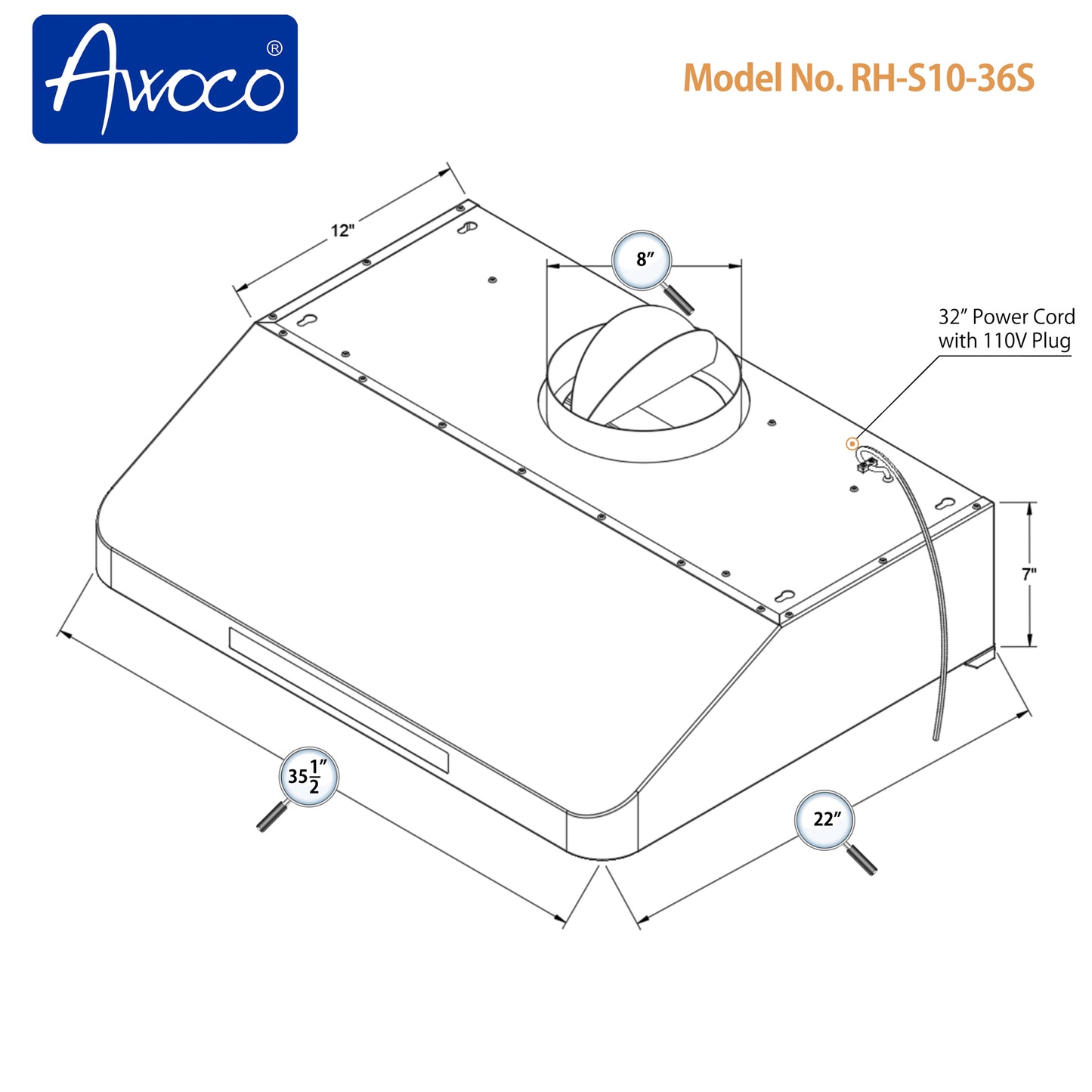 Awoco RH-S10-S Under Cabinet Supreme 7” High Stainless Steel Range Hood, 4 Speeds, 8” Round Top Vent, 1000CFM, with Remote Control