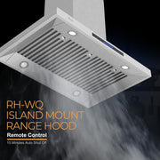 Awoco RH-WQ-36 Island Mount 43”H Stainless Steel Range Hood 4 Speeds, 6” Round Top Vent 900CFM 4 LED Lights & Remote Control (36” Island Mount)