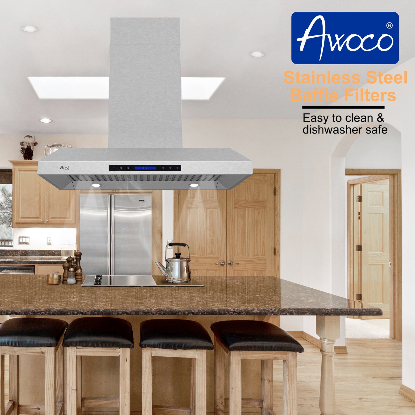 Awoco RH-WQ-36 Island Mount 43”H Stainless Steel Range Hood 4 Speeds, 6” Round Top Vent 900CFM 4 LED Lights & Remote Control (36” Island Mount)