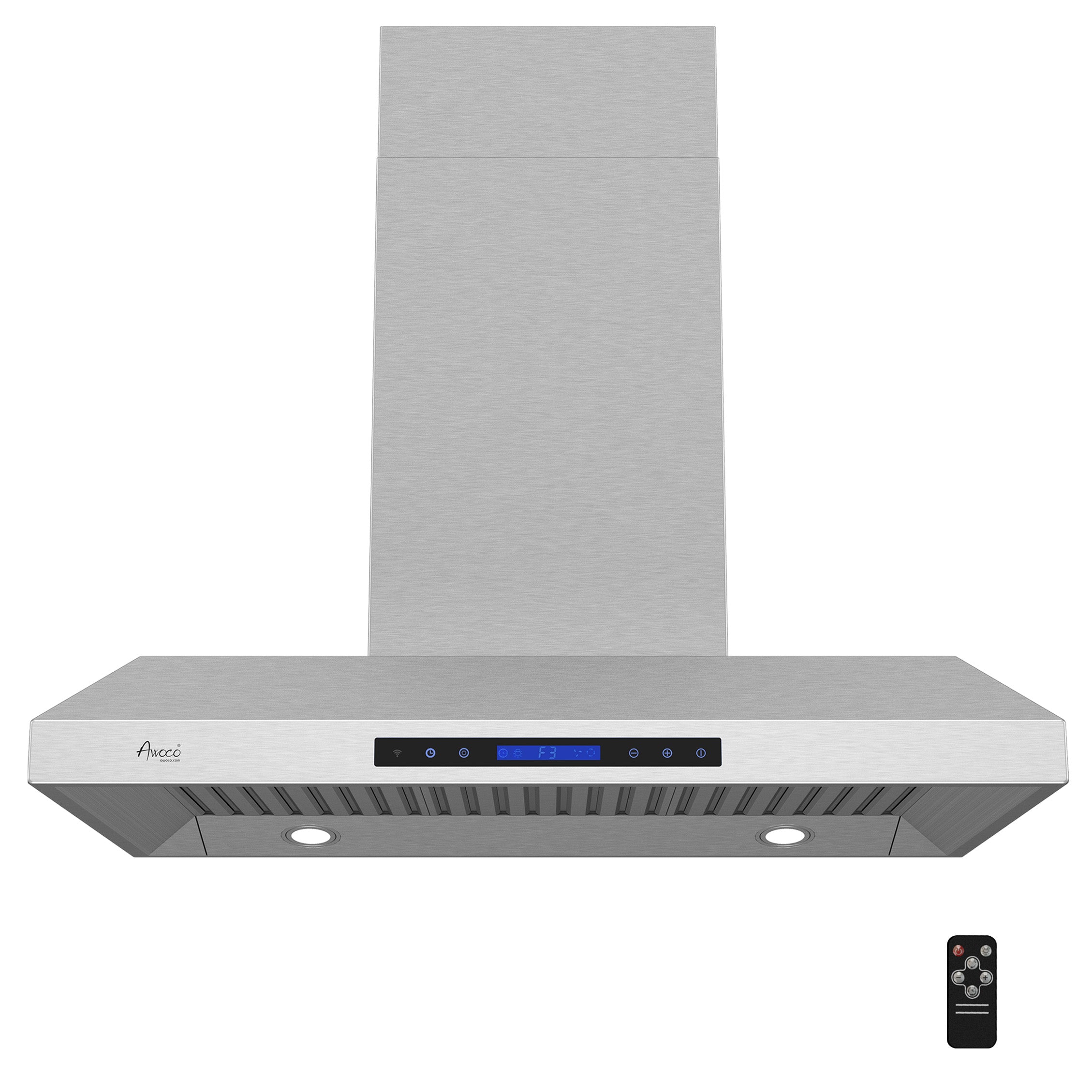 Awoco RH-WQ-36 Island Mount 43”H Stainless Steel Range Hood 4 Speeds, 6” Round Top Vent 900CFM 4 LED Lights & Remote Control (36” Island Mount)