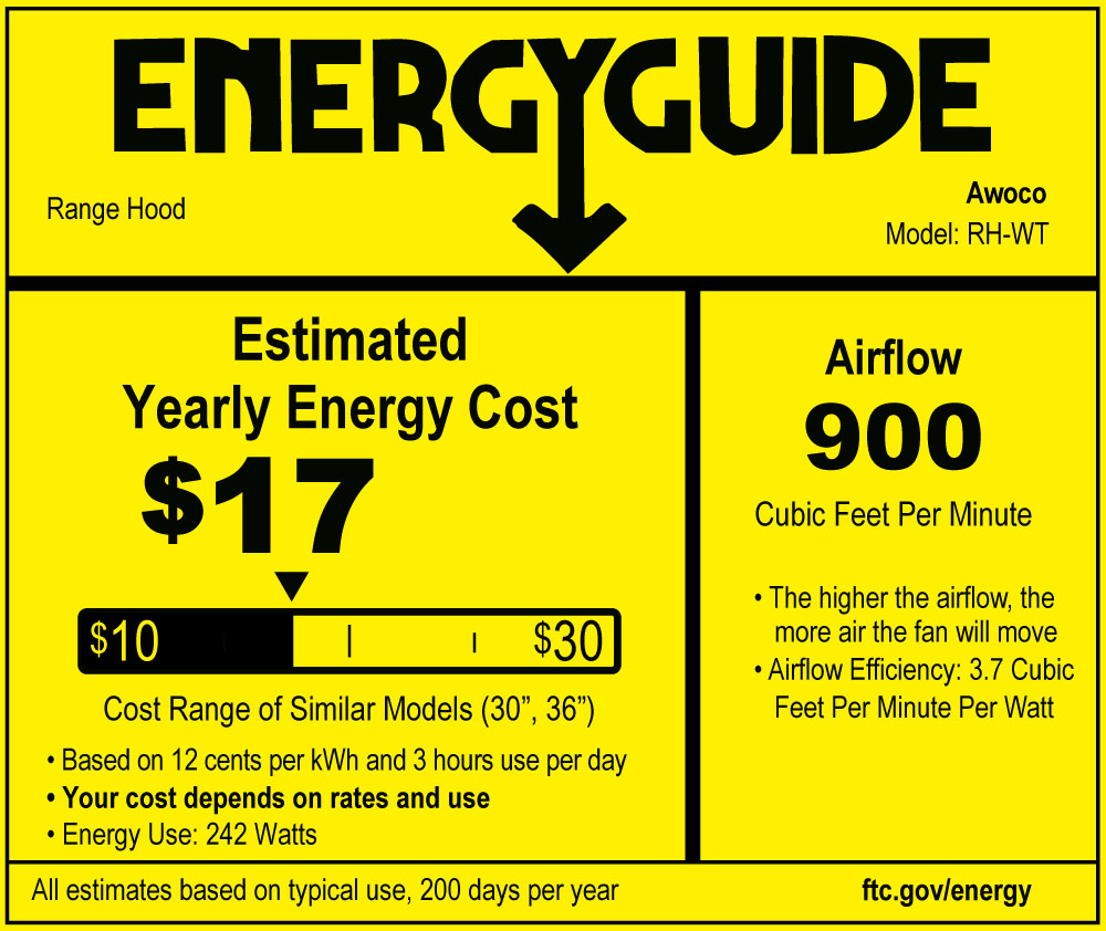 Awoco RH-WT Wall Mount Stainless Steel Range Hood, 4 Speeds, 6” Round Top Vent, 900CFM, 2 LED Lights, with Remote Control