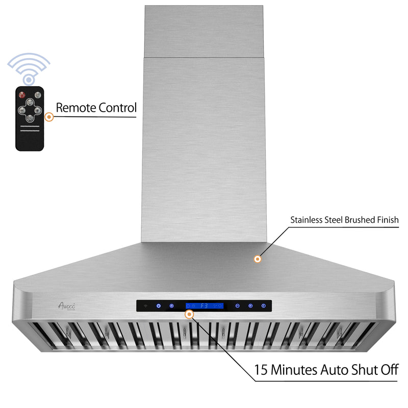 Awoco RH-WT Wall Mount Stainless Steel Range Hood, 4 Speeds, 6” Round Top Vent, 900CFM, 2 LED Lights, with Remote Control