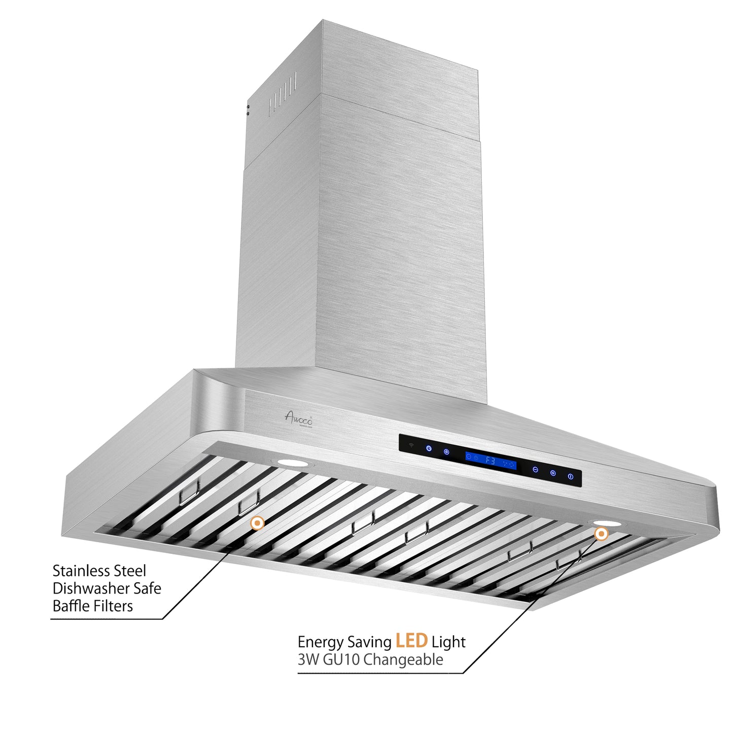 Awoco RH-WT Wall Mount Stainless Steel Range Hood, 4 Speeds, 6” Round Top Vent, 900CFM, 2 LED Lights, with Remote Control