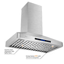 Awoco RH-WT Wall Mount Stainless Steel Range Hood, 4 Speeds, 6” Round Top Vent, 900CFM, 2 LED Lights, with Remote Control