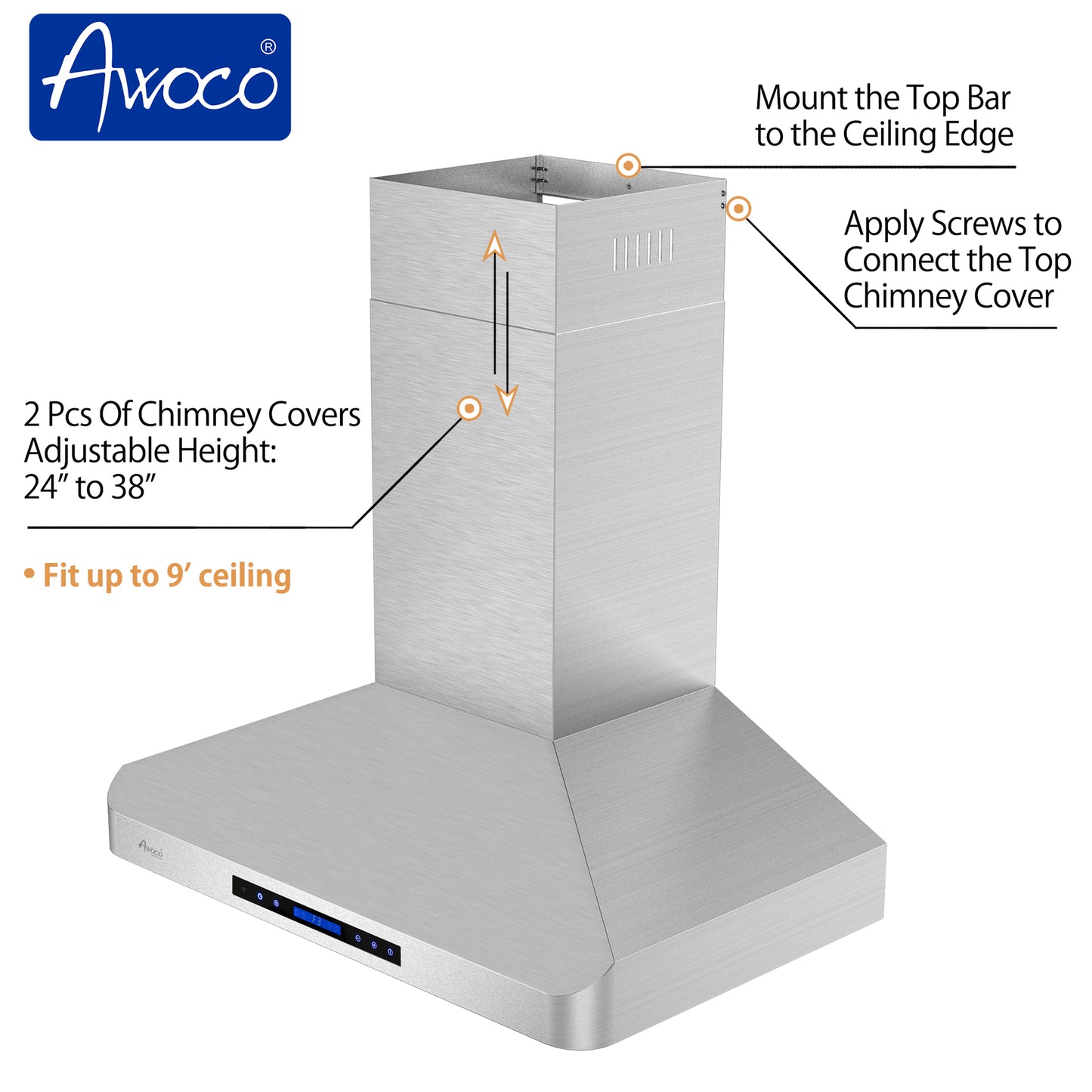 Awoco RH-WT Wall Mount Stainless Steel Range Hood, 4 Speeds, 6” Round Top Vent, 900CFM, 2 LED Lights, with Remote Control