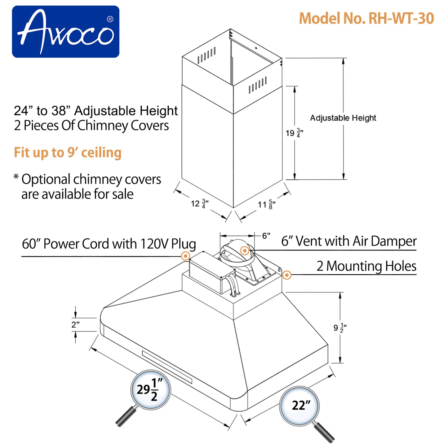 Awoco RH-WT Wall Mount Stainless Steel Range Hood, 4 Speeds, 6” Round Top Vent, 900CFM, 2 LED Lights, with Remote Control