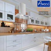 Awoco RH-WT Wall Mount Stainless Steel Range Hood, 4 Speeds, 6” Round Top Vent, 900CFM, 2 LED Lights, with Remote Control